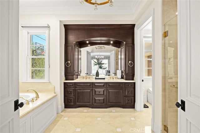 300 W Las Flores Ave, Arcadia, CA 91007 - full bathroom featuring double vanity, tile patterned flooring, a bath, a shower stall, and a chandelier