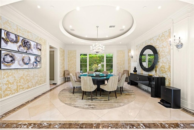 300 W Las Flores Ave, Arcadia, CA 91007 - dining space with a tray ceiling, a chandelier, inlaid floor details, wallpapered walls, and ornamental molding