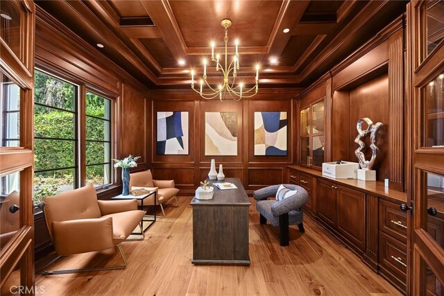 300 W Las Flores Ave, Arcadia, CA 91007 - living area with ornamental molding, a chandelier, coffered ceiling, light wood-style flooring, and wood walls