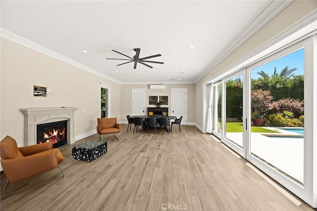 300 W Las Flores Ave, Arcadia, CA 91007 - living room featuring a glass covered fireplace, light wood-type flooring, healthy amount of natural light, a wall mounted AC, and recessed lighting