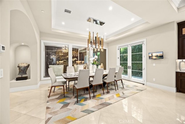 300 W Las Flores Ave, Arcadia, CA 91007 - dining area featuring a chandelier, a raised ceiling, recessed lighting, and french doors
