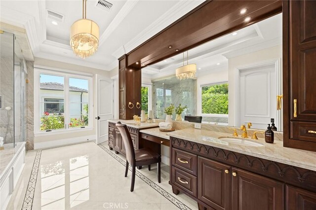 300 W Las Flores Ave, Arcadia, CA 91007 - bathroom with inlaid floor details, crown molding, a stall shower, vanity, and a chandelier