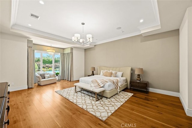 300 W Las Flores Ave, Arcadia, CA 91007 - bedroom with wood finished floors, ornamental molding, a chandelier, recessed lighting, and a tray ceiling
