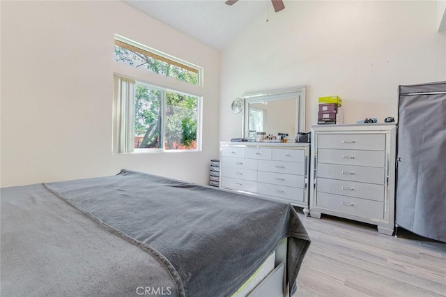 38342 5th Pl W, Palmdale, CA 93551 - bedroom featuring light wood-style floors, ceiling fan, and high vaulted ceiling