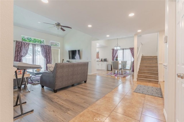 38342 5th Pl W, Palmdale, CA 93551 - living room featuring stairway, a ceiling fan, recessed lighting, light tile patterned floors, and lofted ceiling