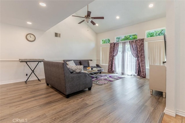 38342 5th Pl W, Palmdale, CA 93551 - living area with a ceiling fan, light wood-style floors, high vaulted ceiling, and recessed lighting