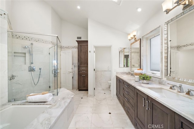 520 Kings Rd, Newport Beach, CA 92663 - full bath featuring a bath, double vanity, vaulted ceiling, a stall shower, and marble finish floors