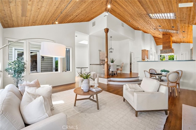 520 Kings Rd, Newport Beach, CA 92663 - living room with wood ceiling, wood finished floors, and high vaulted ceiling