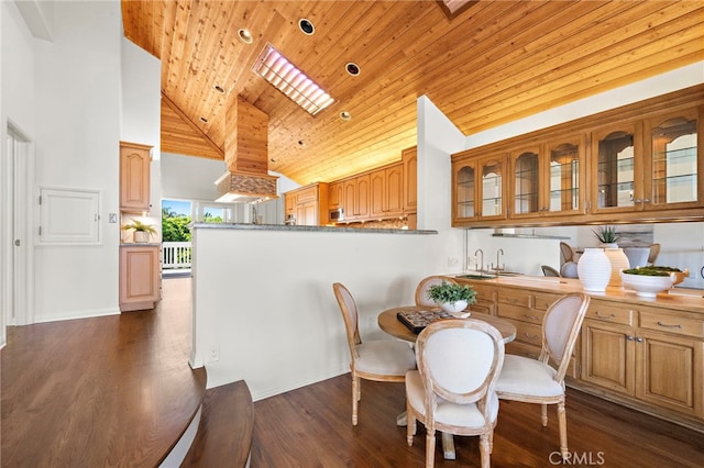 520 Kings Rd, Newport Beach, CA 92663 - dining area with wood ceiling, high vaulted ceiling, and dark wood finished floors
