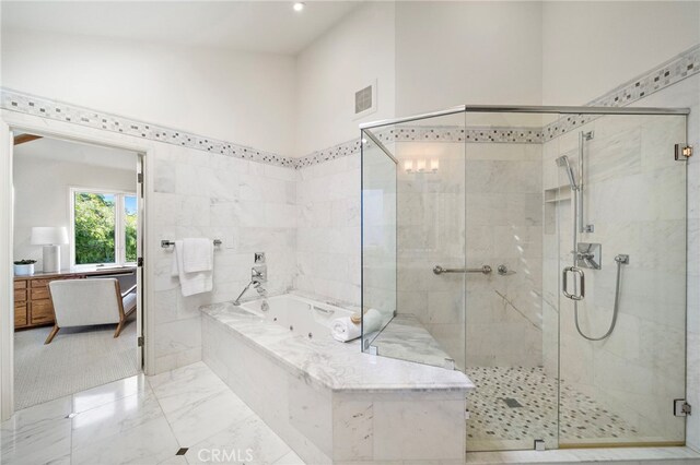 520 Kings Rd, Newport Beach, CA 92663 - full bathroom featuring a tub with jets, a shower stall, recessed lighting, and marble finish flooring