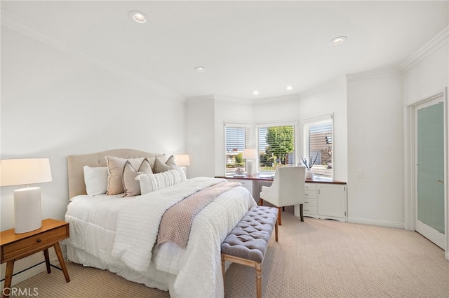 520 Kings Rd, Newport Beach, CA 92663 - bedroom with ornamental molding, light carpet, a desk, and recessed lighting