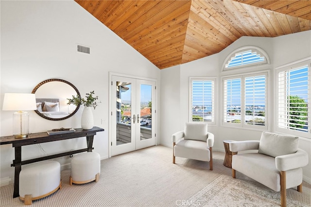520 Kings Rd, Newport Beach, CA 92663 - sitting room featuring wooden ceiling, healthy amount of natural light, carpet, french doors, and high vaulted ceiling