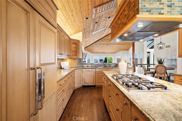 520 Kings Rd, Newport Beach, CA 92663 - kitchen featuring stainless steel gas cooktop, dark wood-style flooring, wooden ceiling, light stone countertops, and decorative backsplash
