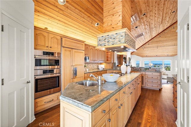 520 Kings Rd, Newport Beach, CA 92663 - kitchen featuring stainless steel double oven, wooden ceiling, high vaulted ceiling, a kitchen island with sink, and a peninsula