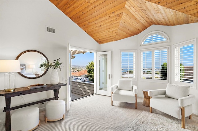 520 Kings Rd, Newport Beach, CA 92663 - sitting room with healthy amount of natural light, wood ceiling, carpet, and high vaulted ceiling