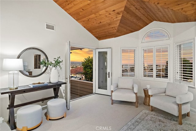 520 Kings Rd, Newport Beach, CA 92663 - sitting room featuring wooden ceiling, vaulted ceiling, and carpet flooring