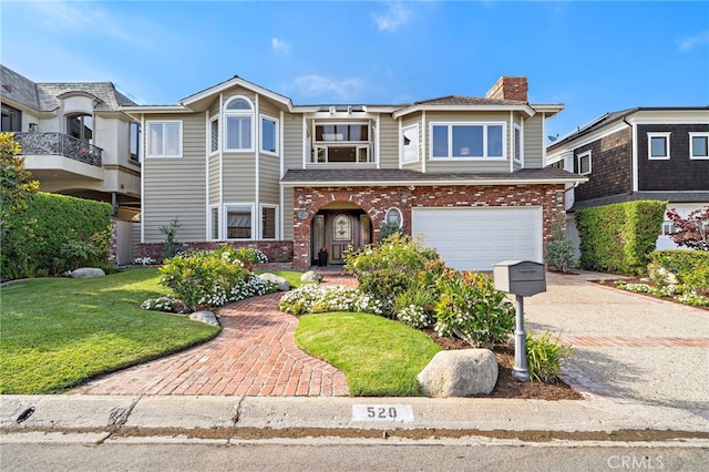 520 Kings Rd, Newport Beach, CA 92663 - view of front of property featuring a chimney, a garage, concrete driveway, and brick siding