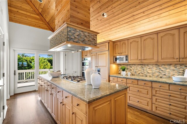 520 Kings Rd, Newport Beach, CA 92663 - kitchen with wood ceiling, high vaulted ceiling, appliances with stainless steel finishes, a kitchen island, and wood finished floors
