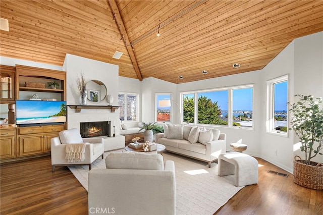 520 Kings Rd, Newport Beach, CA 92663 - living room featuring a lit fireplace, wood ceiling, wood finished floors, and high vaulted ceiling