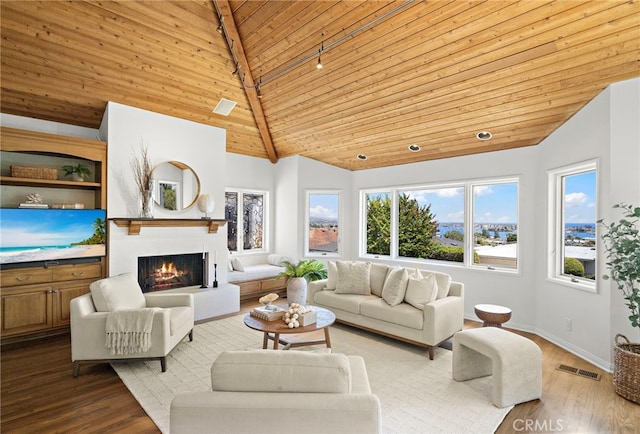 520 Kings Rd, Newport Beach, CA 92663 - living room with wood ceiling, a warm lit fireplace, wood finished floors, and high vaulted ceiling