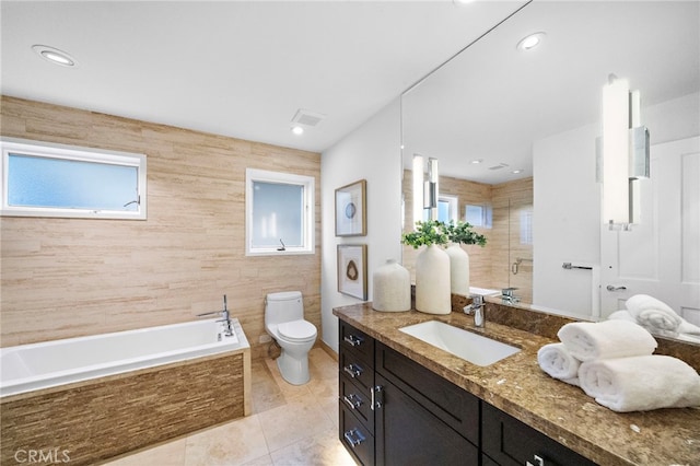 520 Kings Rd, Newport Beach, CA 92663 - bathroom featuring vanity, tiled bath, tiled shower, tile patterned floors, and tile walls