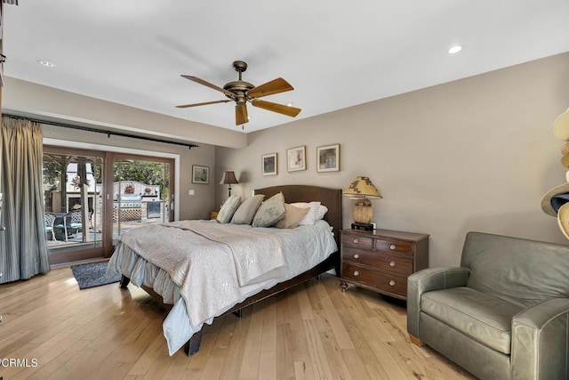 9999 Wornom Ave, Sunland, CA 91040 - bedroom with access to outside, light wood finished floors, ceiling fan, and recessed lighting