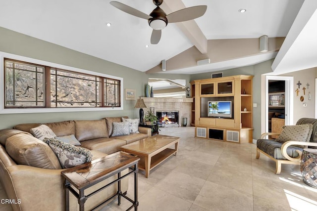 9999 Wornom Ave, Sunland, CA 91040 - living room with ceiling fan, recessed lighting, and a fireplace