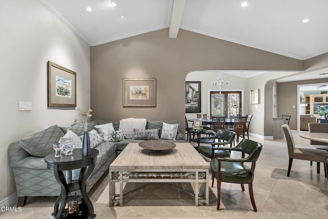 9999 Wornom Ave, Sunland, CA 91040 - living area with arched walkways, crown molding, recessed lighting, a chandelier, and light tile patterned flooring