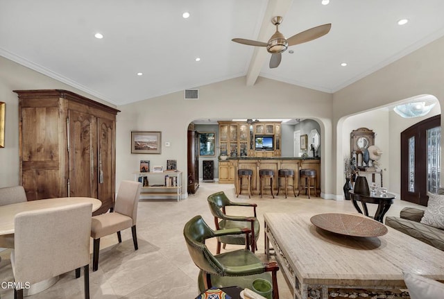 9999 Wornom Ave, Sunland, CA 91040 - dining area with arched walkways, a ceiling fan, beamed ceiling, recessed lighting, and high vaulted ceiling