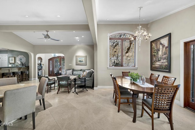 9999 Wornom Ave, Sunland, CA 91040 - dining room featuring arched walkways, healthy amount of natural light, recessed lighting, ceiling fan, and ornamental molding