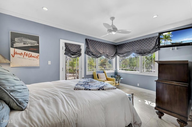 9999 Wornom Ave, Sunland, CA 91040 - tiled bedroom with crown molding, access to outside, recessed lighting, and a ceiling fan