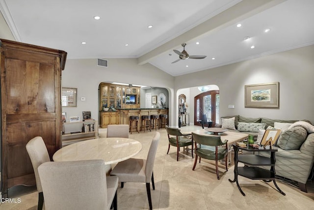 9999 Wornom Ave, Sunland, CA 91040 - dining room with arched walkways, crown molding, ceiling fan, and recessed lighting