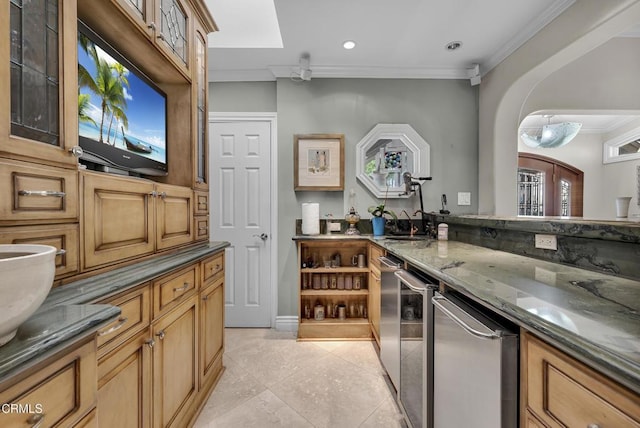 9999 Wornom Ave, Sunland, CA 91040 - indoor bar with ornamental molding, light tile patterned flooring, recessed lighting, and arched walkways