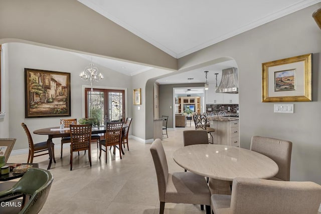 9999 Wornom Ave, Sunland, CA 91040 - dining room with arched walkways, lofted ceiling, crown molding, and a chandelier