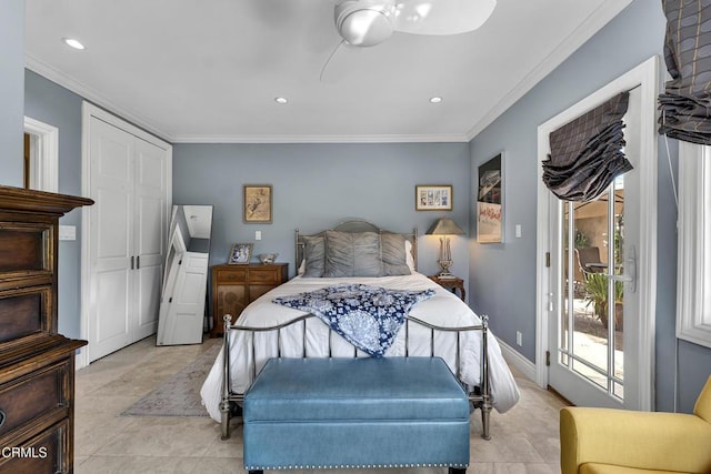 9999 Wornom Ave, Sunland, CA 91040 - bedroom featuring access to outside, ornamental molding, ceiling fan, recessed lighting, and light tile patterned flooring