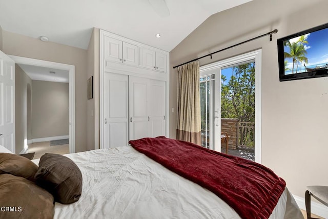 9999 Wornom Ave, Sunland, CA 91040 - bedroom with access to exterior, lofted ceiling, a closet, and ceiling fan