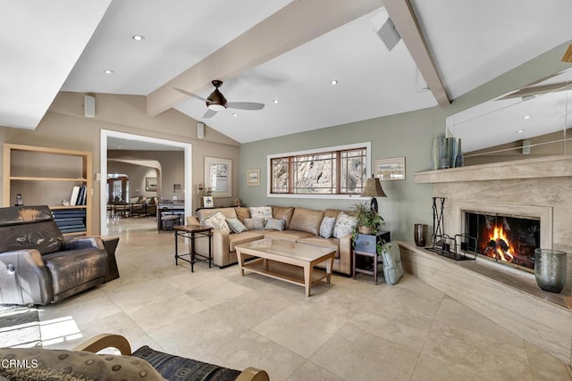 9999 Wornom Ave, Sunland, CA 91040 - tiled living area with ceiling fan and a premium fireplace