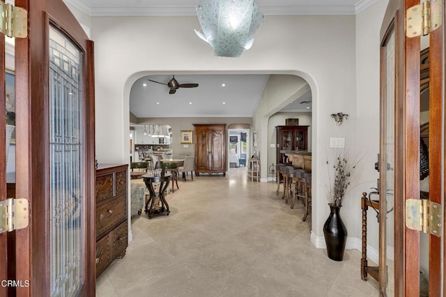 9999 Wornom Ave, Sunland, CA 91040 - entryway featuring arched walkways, ceiling fan, crown molding, and recessed lighting