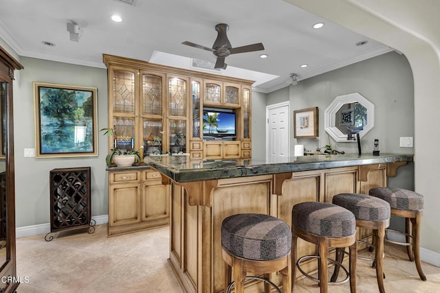9999 Wornom Ave, Sunland, CA 91040 - indoor bar featuring recessed lighting, ornamental molding, a ceiling fan, and light tile patterned flooring