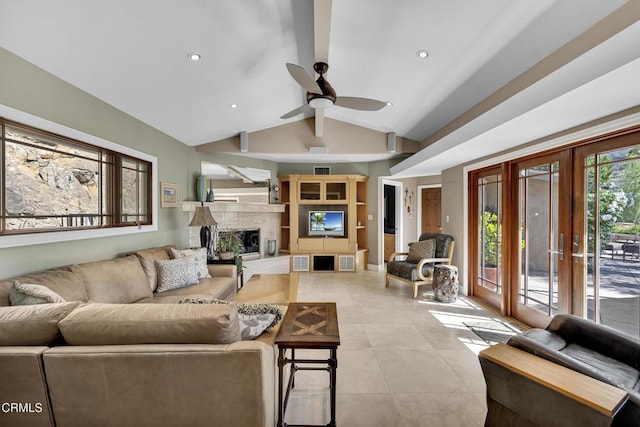 9999 Wornom Ave, Sunland, CA 91040 - living area featuring a ceiling fan, a fireplace with raised hearth, light tile patterned flooring, french doors, and recessed lighting
