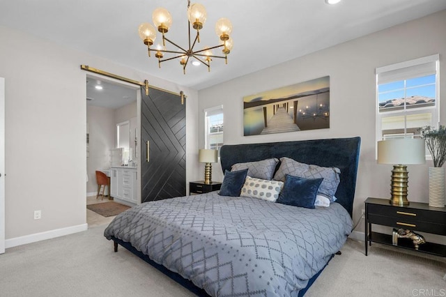 11015 Peyton Way, San Diego, CA 92129 - bedroom featuring a barn door, multiple windows, a chandelier, carpet, and recessed lighting