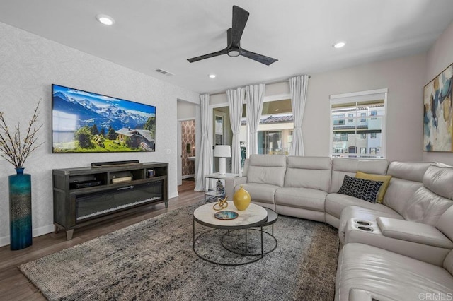 11015 Peyton Way, San Diego, CA 92129 - living room featuring ceiling fan, wood finished floors, and recessed lighting