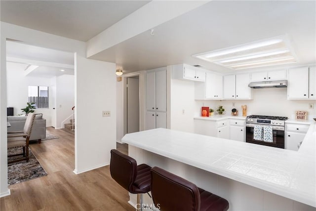 1407 Sycamore Ln, San Bernardino, CA 92408 - kitchen with stainless steel gas stove, under cabinet range hood, light wood finished floors, a peninsula, and light countertops