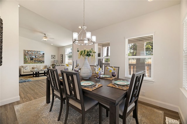 635 Boquest Blvd, Paradise, CA 95969 - dining area with wood finished floors, a chandelier, ceiling fan, and vaulted ceiling
