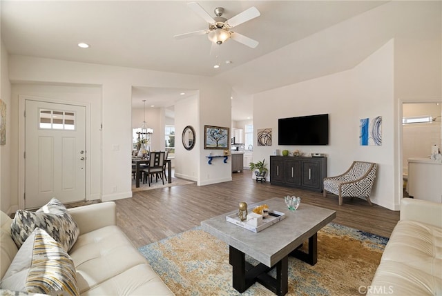 635 Boquest Blvd, Paradise, CA 95969 - living area with ceiling fan, vaulted ceiling, wood finished floors, recessed lighting, and a chandelier