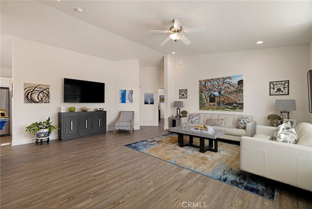 635 Boquest Blvd, Paradise, CA 95969 - living room featuring ceiling fan, lofted ceiling, wood finished floors, and recessed lighting