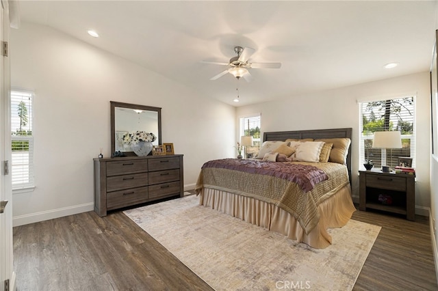 635 Boquest Blvd, Paradise, CA 95969 - bedroom featuring dark wood-type flooring, lofted ceiling, recessed lighting, and a ceiling fan