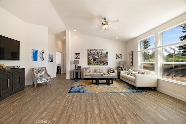 635 Boquest Blvd, Paradise, CA 95969 - living area with wood finished floors, ceiling fan, high vaulted ceiling, and recessed lighting