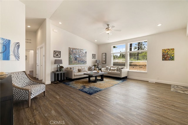 635 Boquest Blvd, Paradise, CA 95969 - living room with a ceiling fan, wood finished floors, recessed lighting, and high vaulted ceiling
