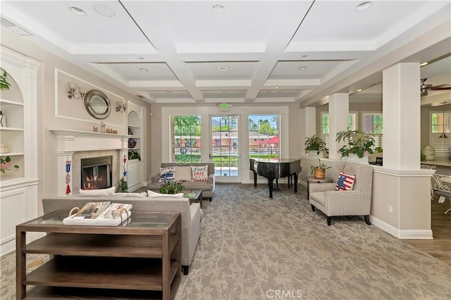 5680 Kate Way Unit 5, Fontana, CA 92336 - living area featuring healthy amount of natural light, coffered ceiling, recessed lighting, a glass covered fireplace, and beamed ceiling
